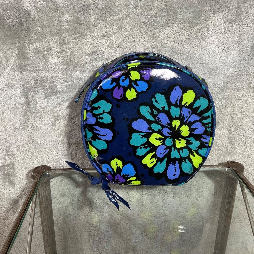 VERA BRADLEY Indigo Pop 7” ROUND WATERPROOF COSMETIC Travel MAKE up bag vinyl?